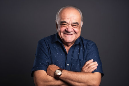 smiling senior man standing with his arms folded in studioの素材