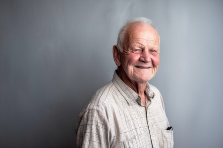 a smiling senior standing against a gray wall with copyspaceの素材