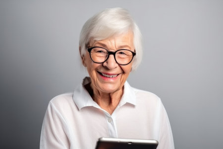 senior woman, tablet and smile portrait in studio with happiness, great news or joyfulの素材