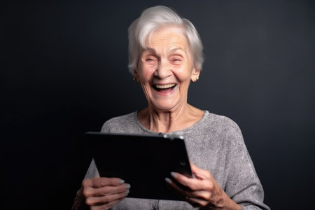 senior woman, tablet and smile portrait in studio with happiness, great news or joyfulの素材