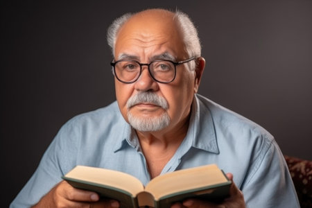 senior, thinking and reading of a man with glasses for learning, knowledge or informationの素材
