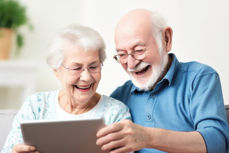 two senior people looking at the digital tablet with a smile on their facesの素材