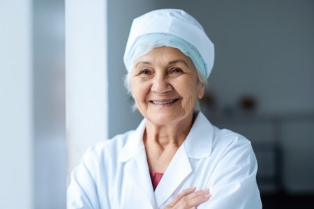 senior woman, portrait smile or best senior healthcare in hospital with wellness and joyの素材