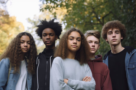 cropped shot of a group of teenagers standing outdoorsの素材