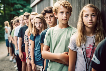 shot of a group of teenagers standing in line at summer campの素材