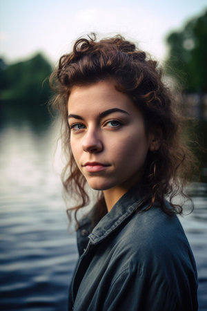 portrait of a young woman standing by the waterの素材