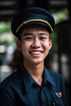 happy, portrait and student in uniform with smile on face for college, university or educationの素材