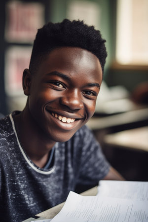 portrait, black student and smile in school, learning or classroom with happy teenagerの素材