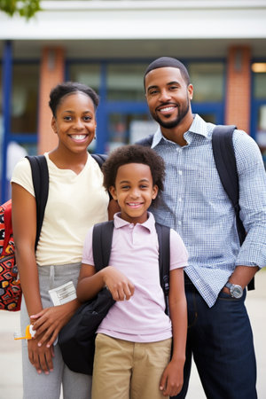 education, black student and portrait of a teacher with a happy family in an urban school on campusの素材