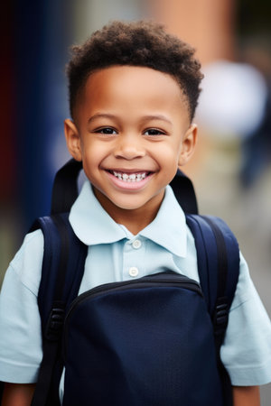 cropped shot of a young boy smiling on the first day of schoolの素材