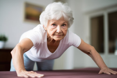 portrait of a senior woman doing push ups as part of her exercise routineの素材