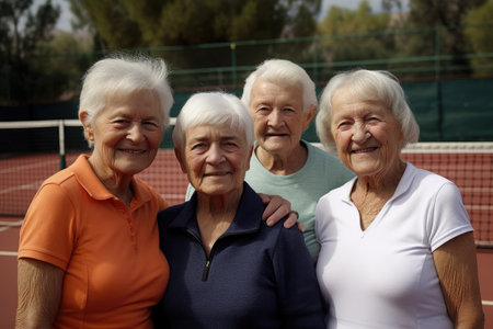 portrait of a group of seniors standing together on a tennis courtの素材
