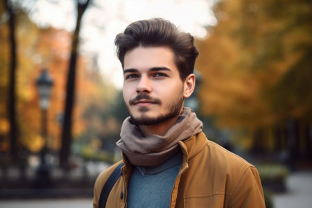 portrait of a handsome young man standing outsideの素材