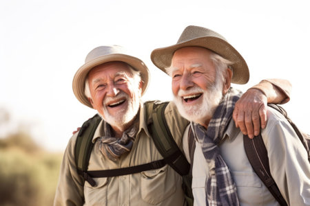 two senior friends standing together and smiling while going on an adventureの素材