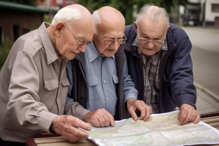 three senior friends carefully read the map together before embarking on a new journeyの素材
