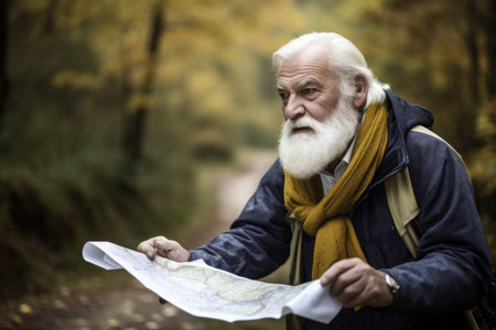 a senior man looking over a map while out for a day in the woodsの素材