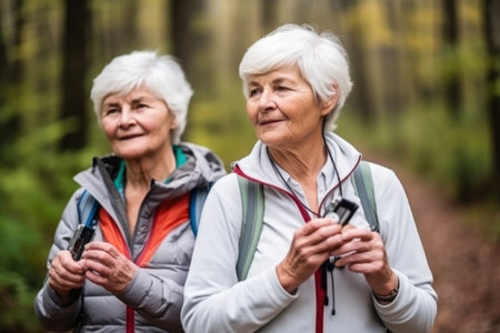 closeup shot of two unrecognizable senior women holding a gps in the woodsの素材