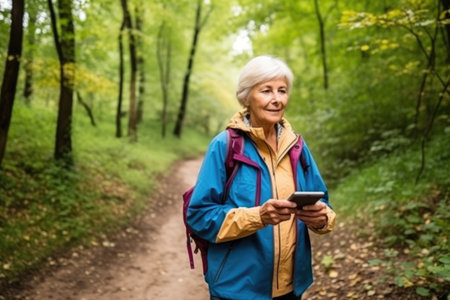 geocaching and senior woman with smartphone in nature for hiking, trekking or adventureの素材