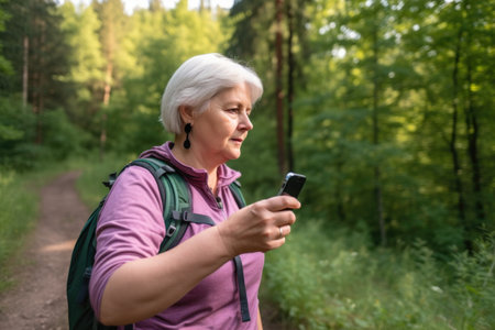 geocaching and senior woman with smartphone in nature for hiking, trekking or adventureの素材