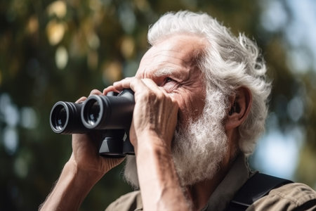 closeup shot of a senior man holding binoculars while standing outsideの素材