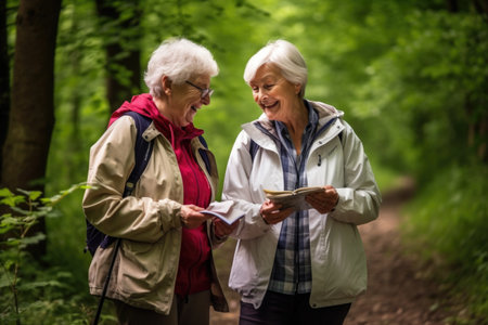 two senior friends on a geo caching adventureの素材