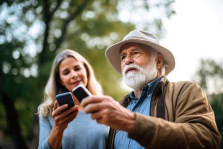closeup shot of a senior man standing outdoors and showing his friend something on her phoneの素材