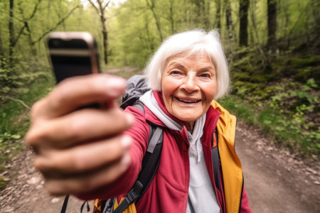 closeup shot of an unrecognisable senior woman taking a selfie while out geocachingの素材