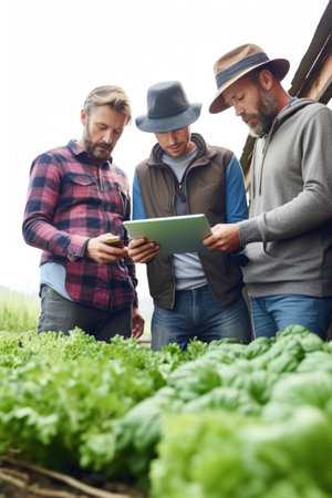 shot of a group of farmers sharing data on a digital tablet in their greenhouseの素材