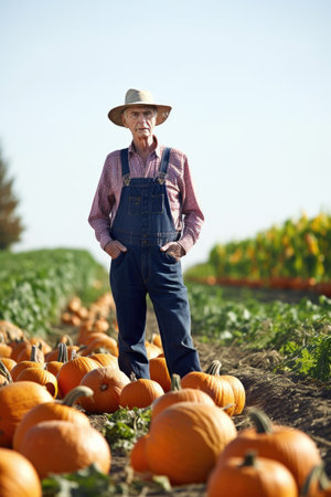 shot of a senior farmer standing in pumpkin fieldの素材