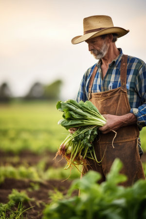 cropped shot of an unrecognizable farmer standing alone and harvesting fresh produce in a fieldの素材