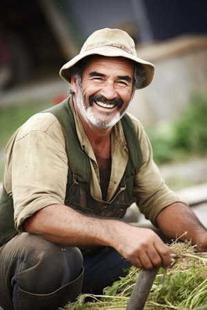 stock photo of a farmer smiling while working on his farmの素材