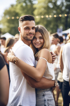 shot of a young man hugging his girlfriend at an outdoor eventの素材