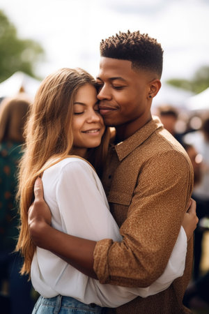 shot of a young man hugging his girlfriend at an outdoor eventの素材