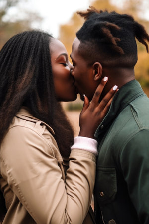 a young woman being kissed by her boyfriend outsideの素材