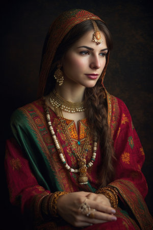 high angle shot of a beautiful woman wearing an ethnic outfitの素材