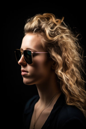 portrait of an attractive young woman wearing sunglasses against a black backgroundの素材