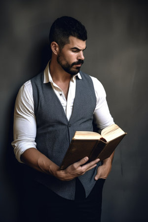 shot of a man holding an open book while standing against a wallの素材