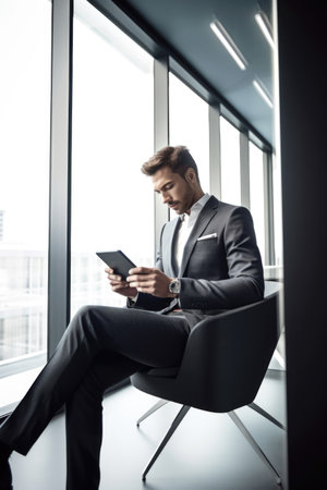 shot of a young businessman sitting and using a digital tablet while working in his officeの素材