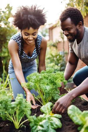 closeup shot of a young couple watering plants together in their gardenの素材