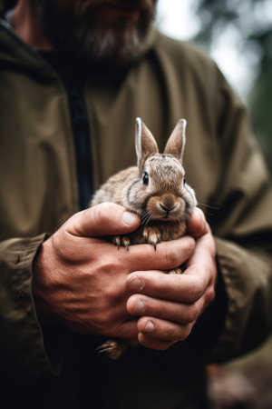 shot of an unrecognizable man holding a rabbit in his handsの素材