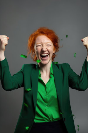 happy, portrait and celebration with a woman and green screen for success, advertising or sale on grey backgroundの素材