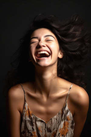 happy, portrait and woman in studio with a smile for joy, cheerful or delighted by freedomの素材