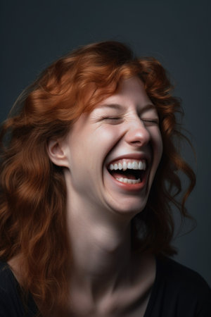 face, happy and laughing with woman in studio isolated on a gray background for happinessの素材