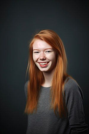 portrait of a smiling young woman standing against gray copyspaceの素材