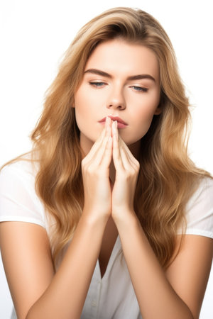 shot of an attractive young woman sitting with her hands on her face against a white backgroundの素材