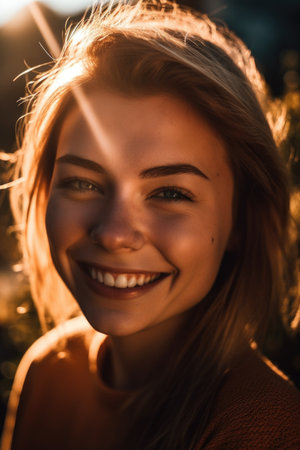 a young woman smiling at you with her face to the sunの素材