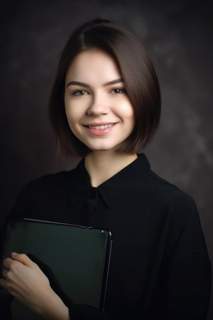 woman, portrait smile and tablet for communication, information or web surfingの素材