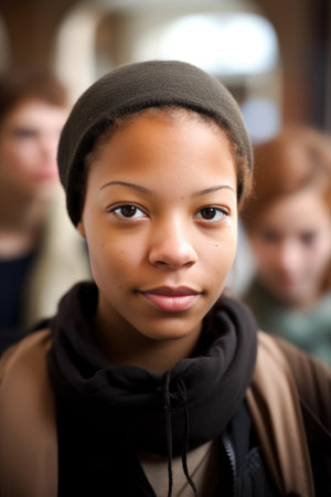 portrait of a female student with her friends in the backgroundの素材