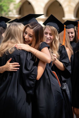 a group of students celebrating their graduation with a group hugの素材