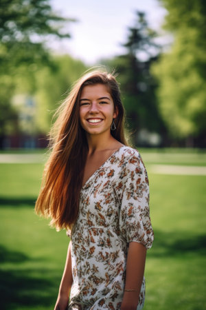 portrait of a happy young woman standing on the campus lawnの素材